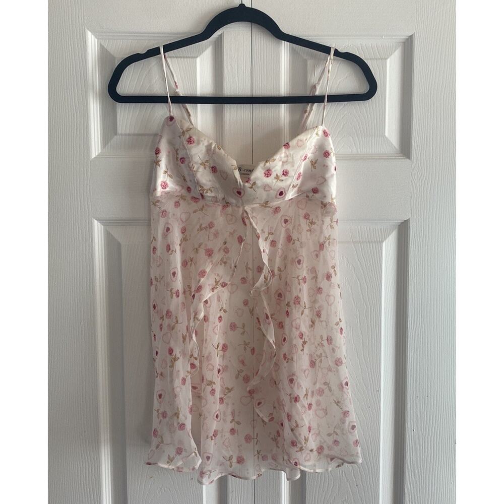 B Comfee Vintage Style Babydoll Chemise Womens Size M Pink Floral Heart Lingerie